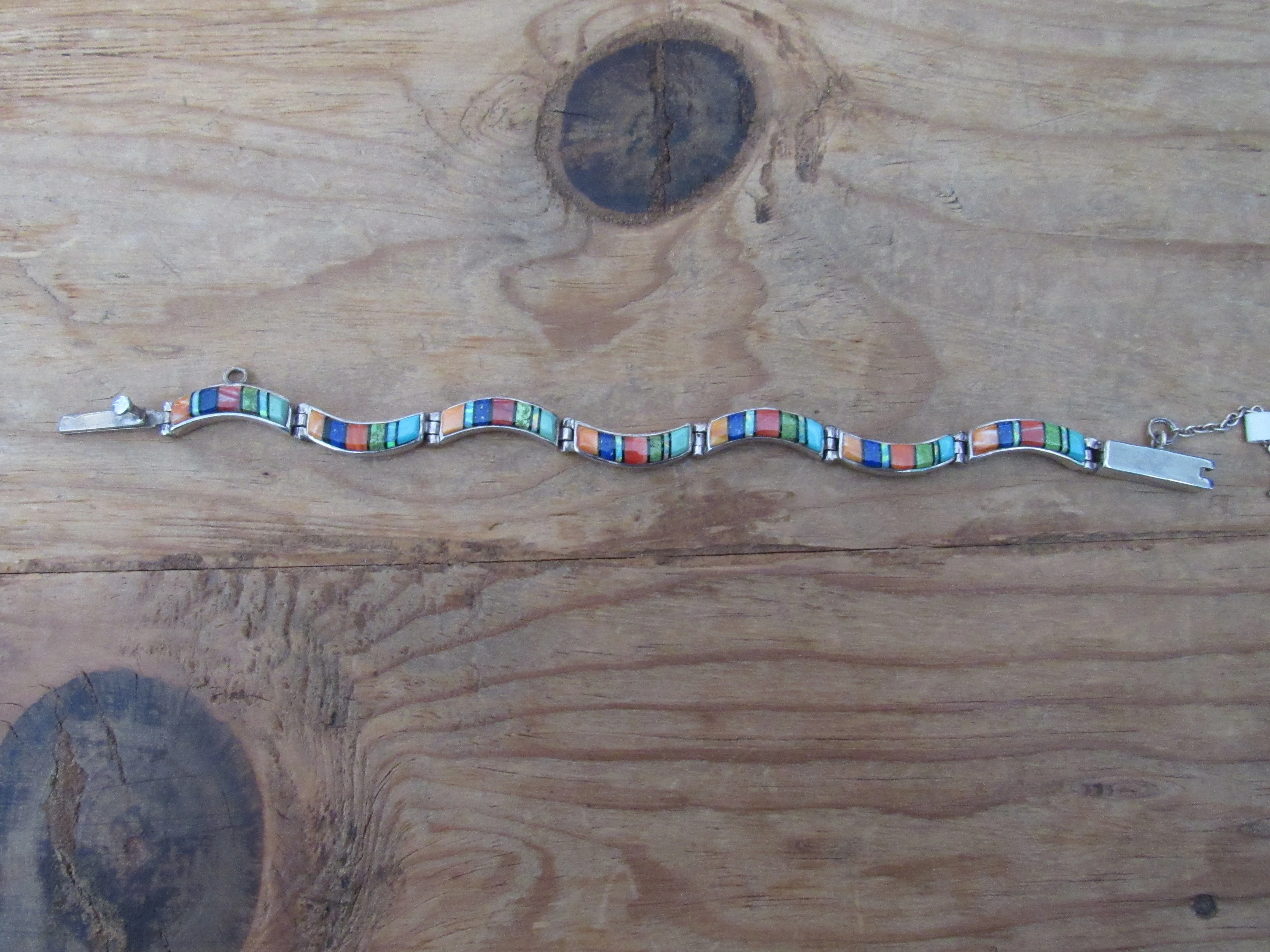 Authentic Handcrafted Navajo Sterling Silver Multi-Stone Inlay Link Bracelet